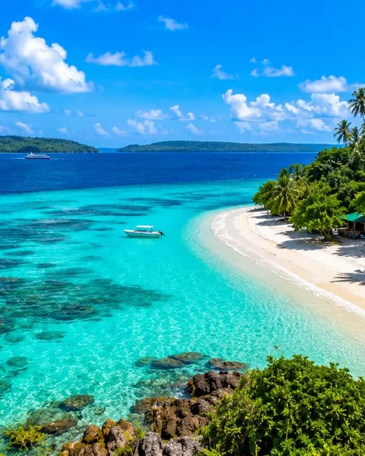 A white Andaman beach and turquoise shallows, seen from above the palms