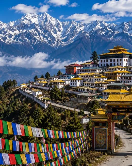 The Tawang monastery on its ridge, prayer flags and snow peaks behind