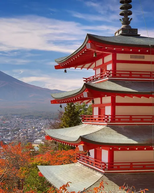 Mount Fuji behind a pagoda in Japan