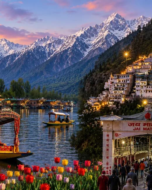 A shikara on the Dal Lake at dusk, snow peaks and tulips beyond