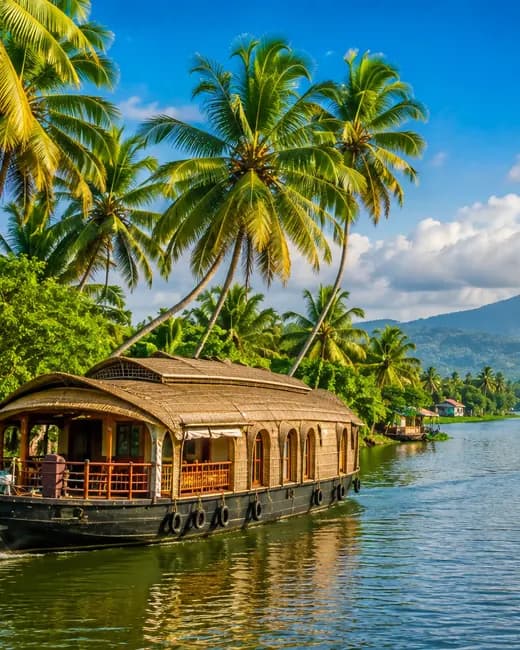 A houseboat moored on a palm-lined Kerala backwater