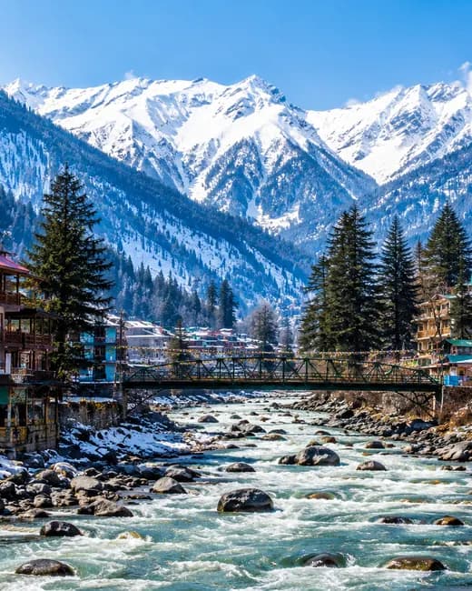 The town of Manali beside its rocky river, under snow-covered peaks