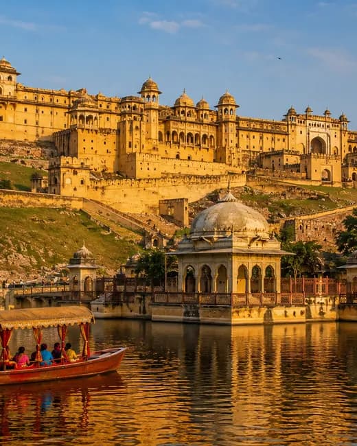 A hilltop Rajasthan fort palace above its lake, with a boat on the water