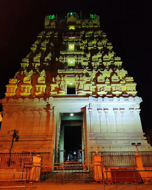 The lit gopuram of the Ramanathaswamy temple at Rameswaram