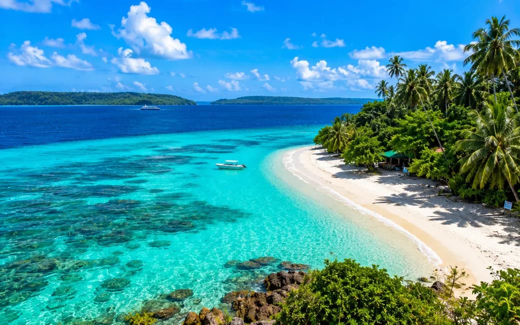 A white Andaman beach and turquoise shallows, seen from above the palms