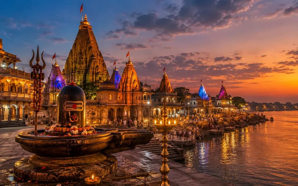 Lit temple spires along the river ghats at sunset