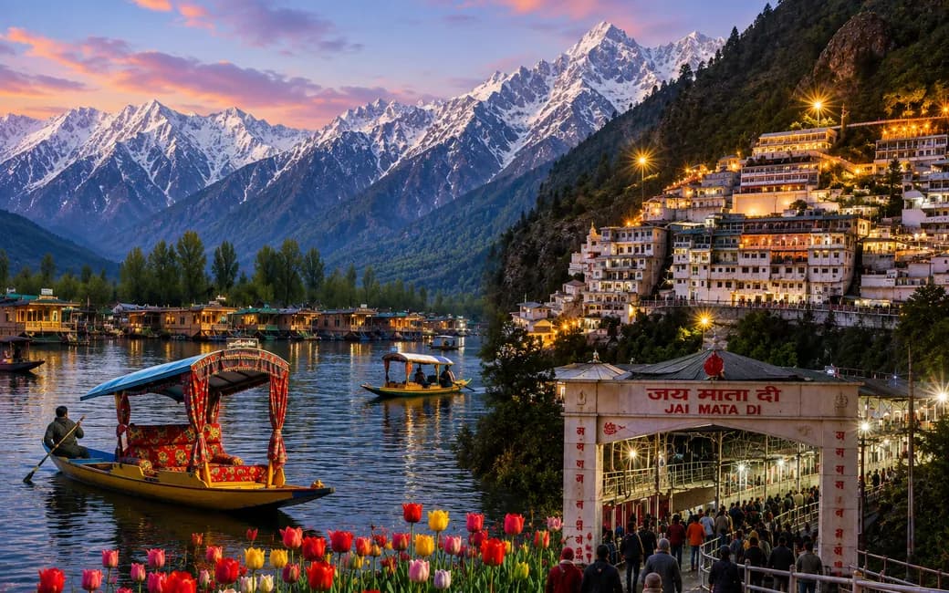 A shikara on the Dal Lake at dusk, snow peaks and tulips beyond
