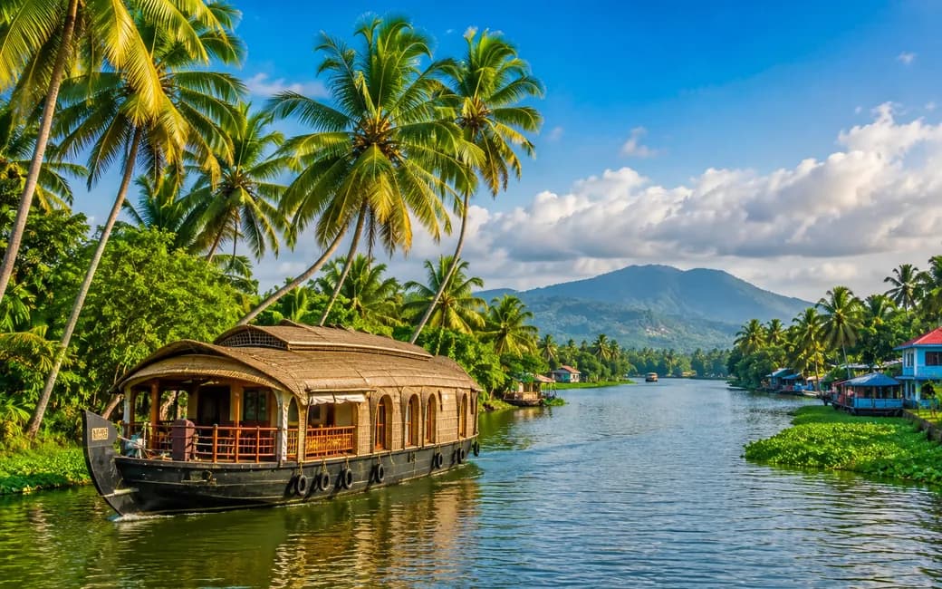 A houseboat moored on a palm-lined Kerala backwater