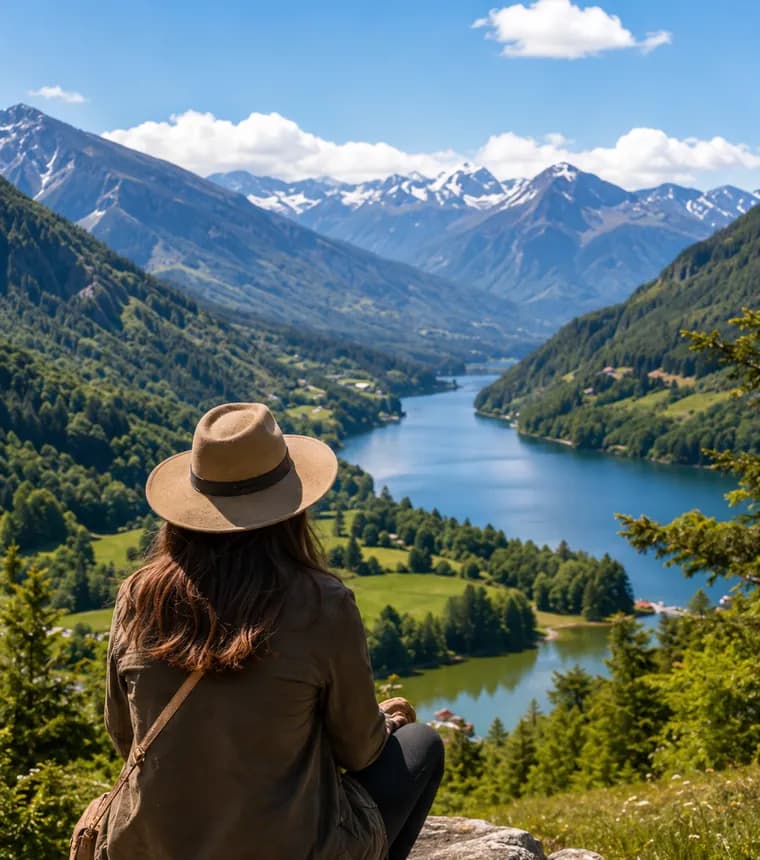 A traveller sitting alone on a rock above a valley and lake