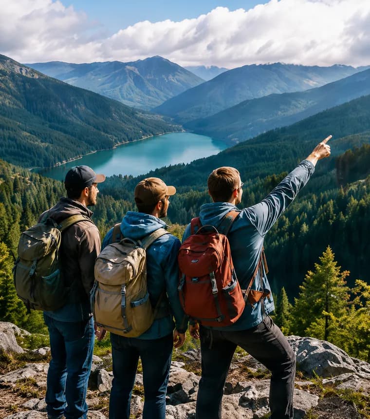 Three travellers with backpacks at a viewpoint above a mountain lake